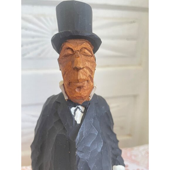 Vintage Folk Art Carved Wood Distinguished Man With Top Hat Umbrella Suitcase - Picture 6 of 14